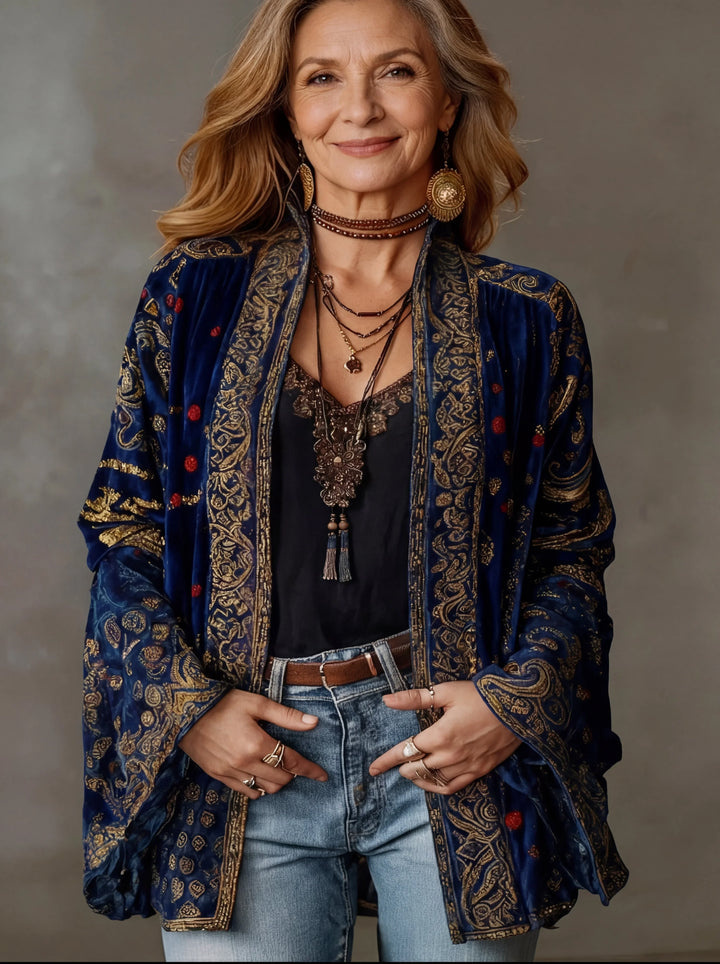 Women's Ornate Velvet Boho Kimono Denim Jacket – Wide Bell Sleeves