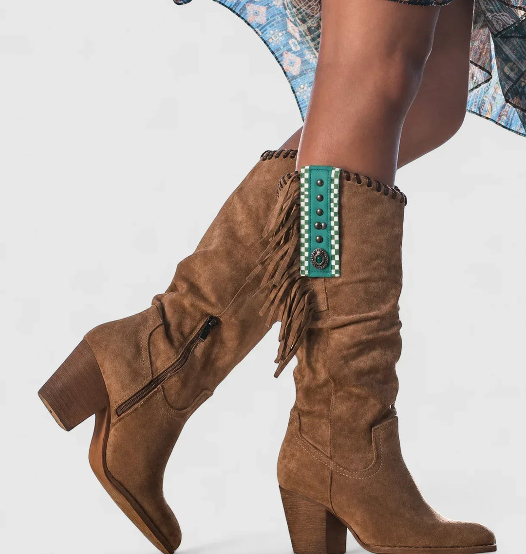 Women's Comfort Suede Knee-High Western Boots – Fringe And Block Heel