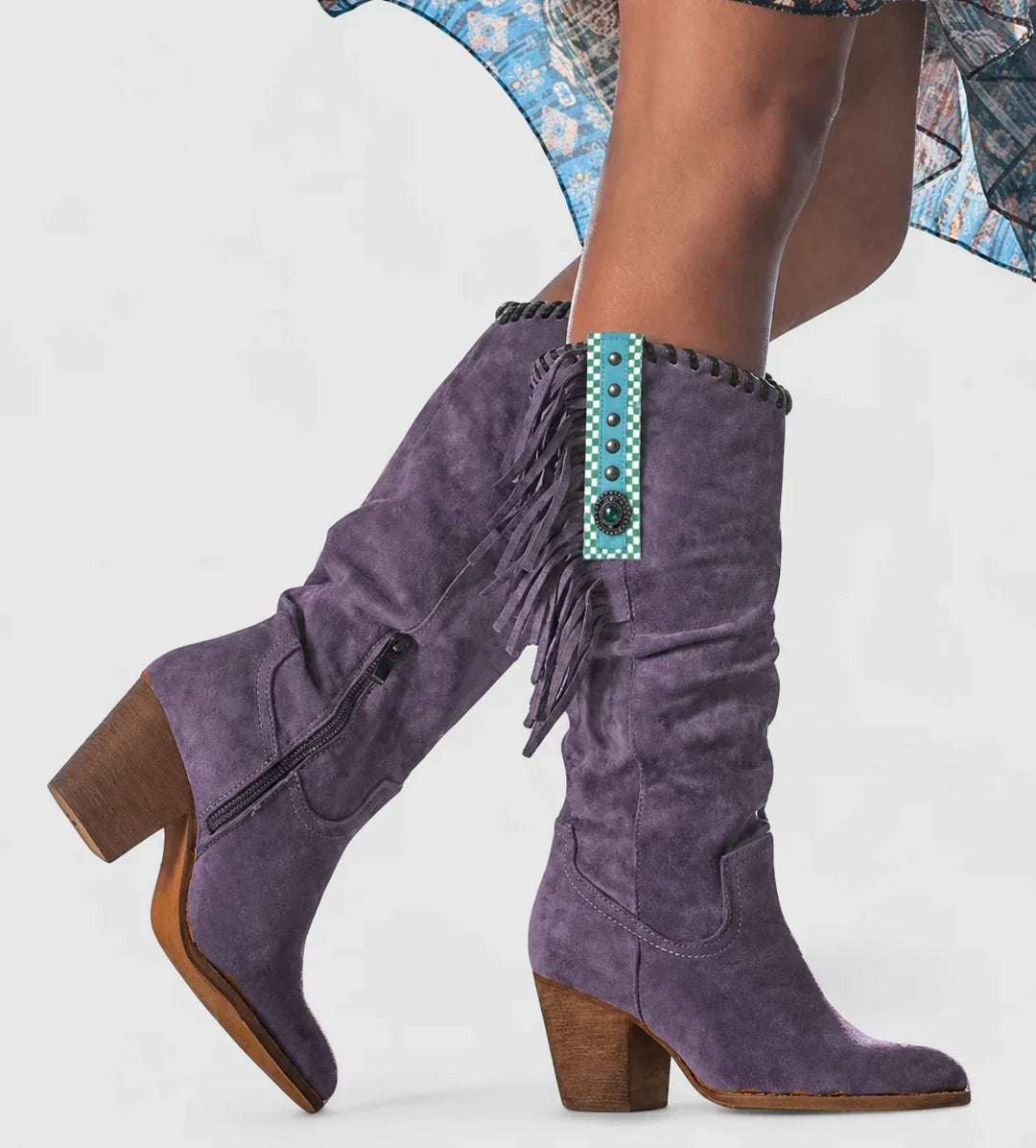 Women's Comfort Suede Knee-High Western Boots – Fringe And Block Heel