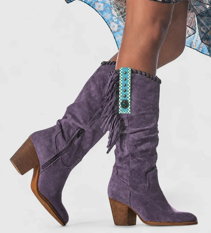Women's Comfort Suede Knee-High Western Boots – Fringe And Block Heel