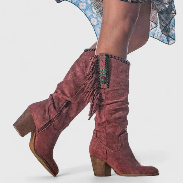 Women's Comfort Suede Knee-High Western Boots – Fringe And Block Heel