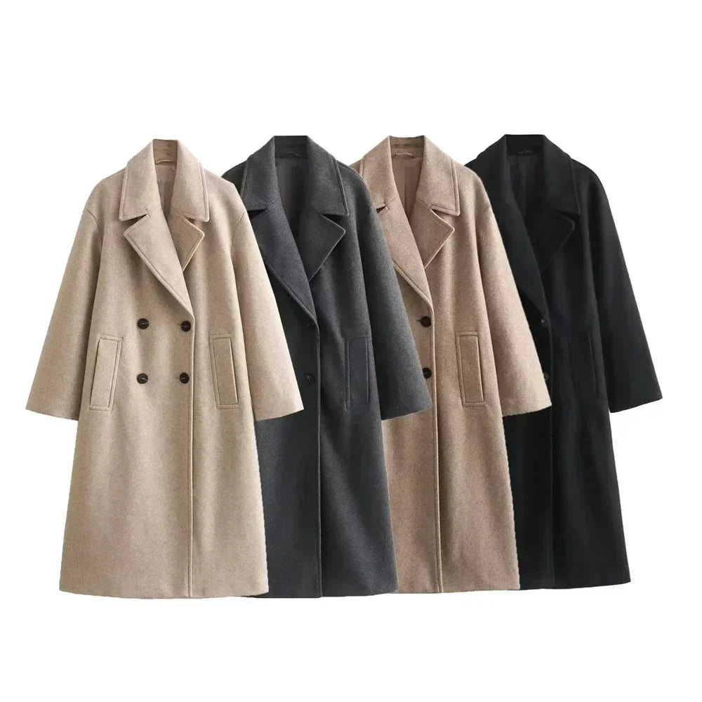 Women's Oversized Double-Breasted Wool Coat – Wide Lapel Design