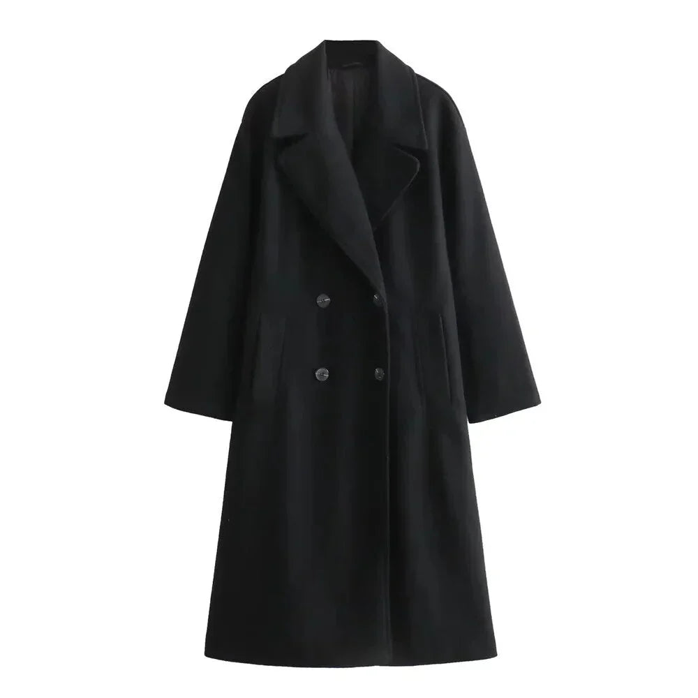 Women's Oversized Double-Breasted Wool Coat – Wide Lapel Design
