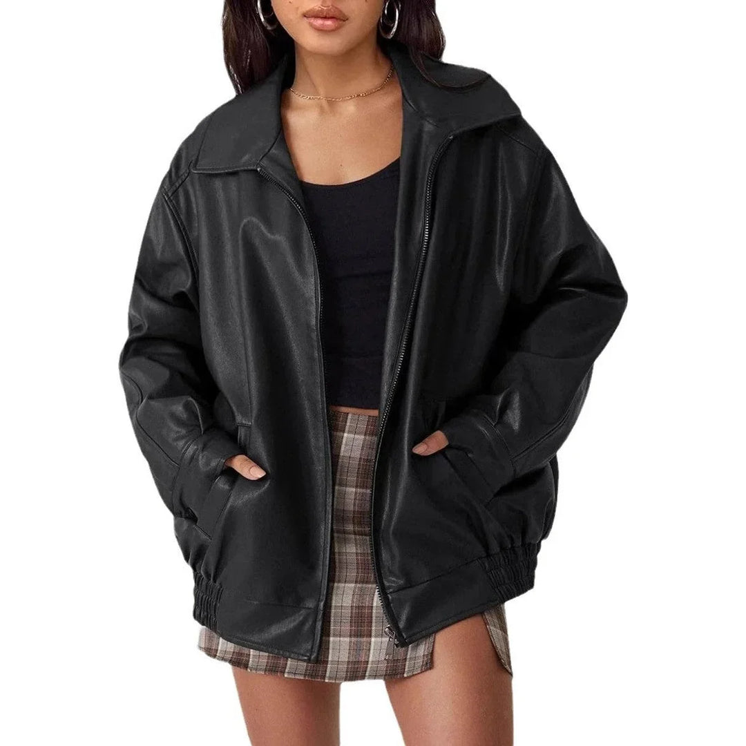 Women's Oversized Faux Leather Bomber Jacket Zip-Up