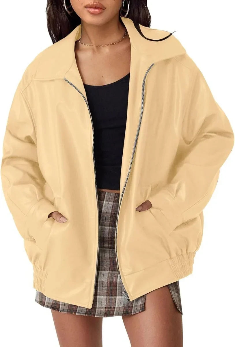 Women's Oversized Faux Leather Bomber Jacket Zip-Up