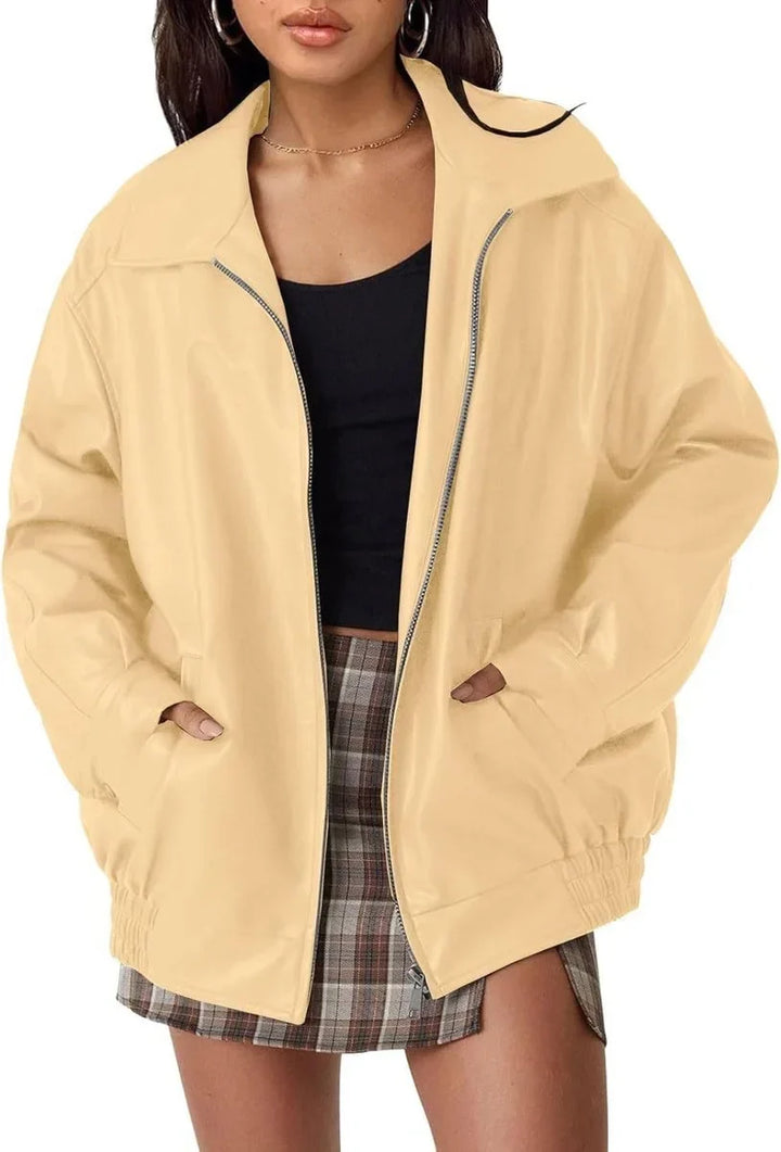 Women's Oversized Faux Leather Bomber Jacket Zip-Up