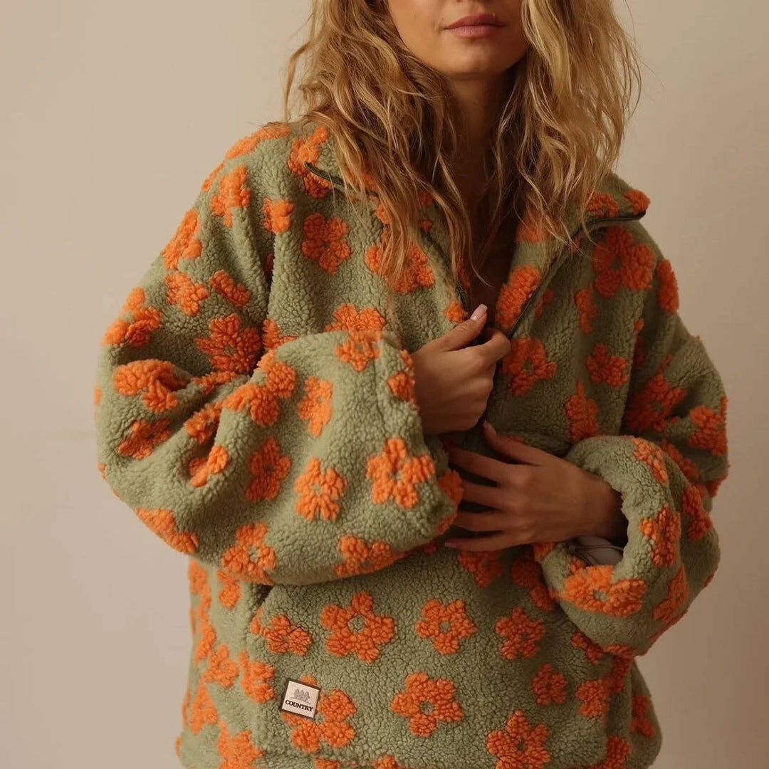 Women's Oversized Floral Sherpa Fleece Half-Zip Pullover Sweater