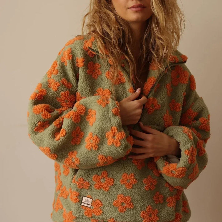 Women's Oversized Floral Sherpa Fleece Half-Zip Pullover Sweater