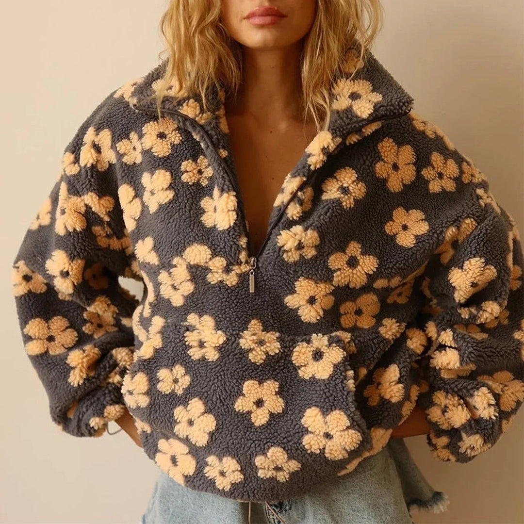 Women's Oversized Floral Sherpa Fleece Half-Zip Pullover Sweater