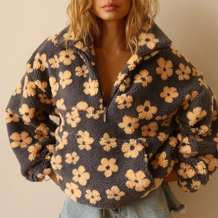 Women's Oversized Floral Sherpa Fleece Half-Zip Pullover Sweater