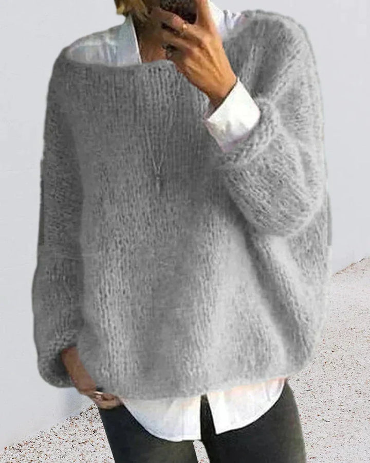 Women's Oversized Fuzzy Knit Sweater – Boat Neck Long Sleeves