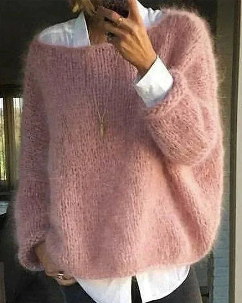 Women's Oversized Fuzzy Knit Sweater – Boat Neck Long Sleeves