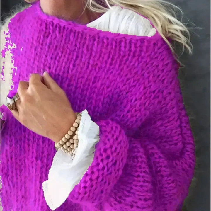 Women's Oversized Fuzzy Knit Sweater – Boat Neck Long Sleeves
