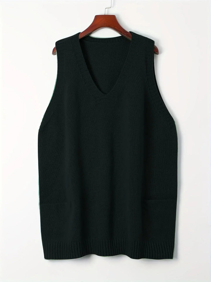 Women's Oversized Knit Vest – V-Neck Sleeveless Tunic Length And Patch Pockets