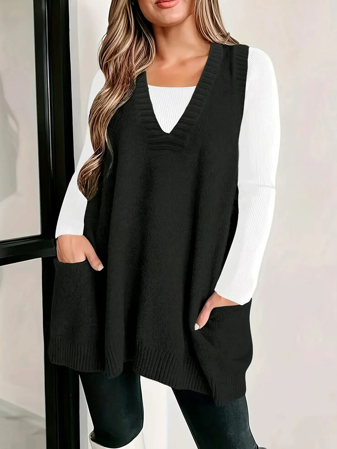Women's Oversized Knit Vest – V-Neck Sleeveless Tunic Length And Patch Pockets