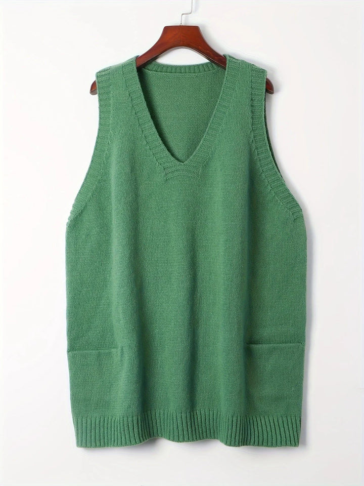 Women's Oversized Knit Vest – V-Neck Sleeveless Tunic Length And Patch Pockets