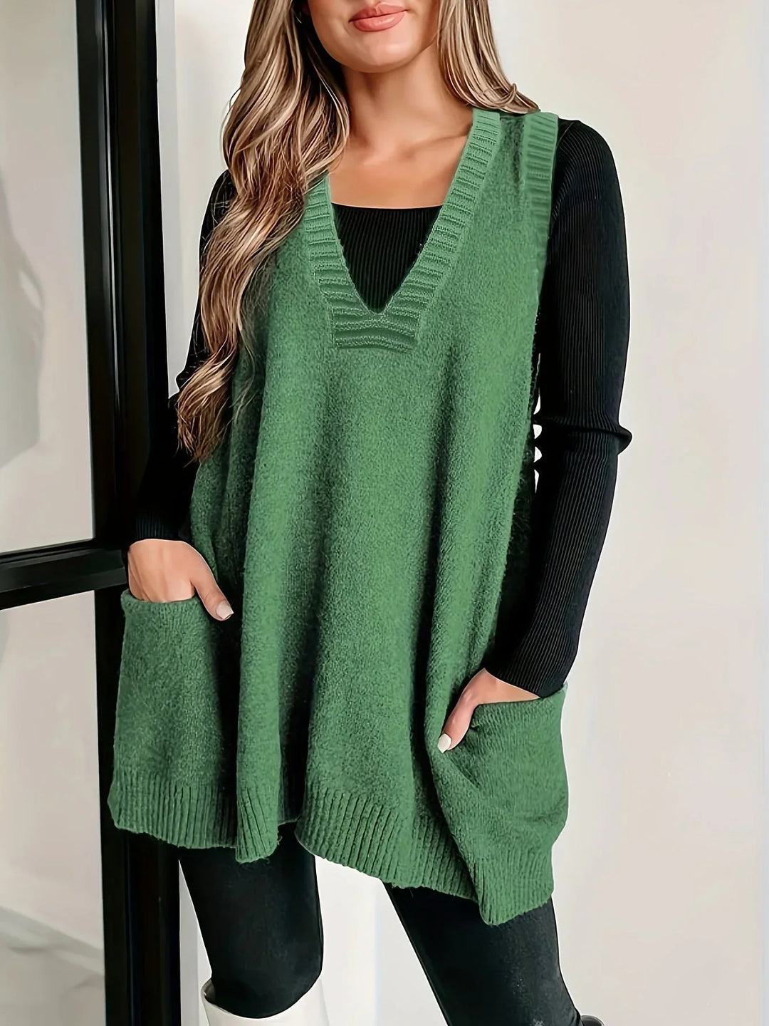 Women's Oversized Knit Vest – V-Neck Sleeveless Tunic Length And Patch Pockets
