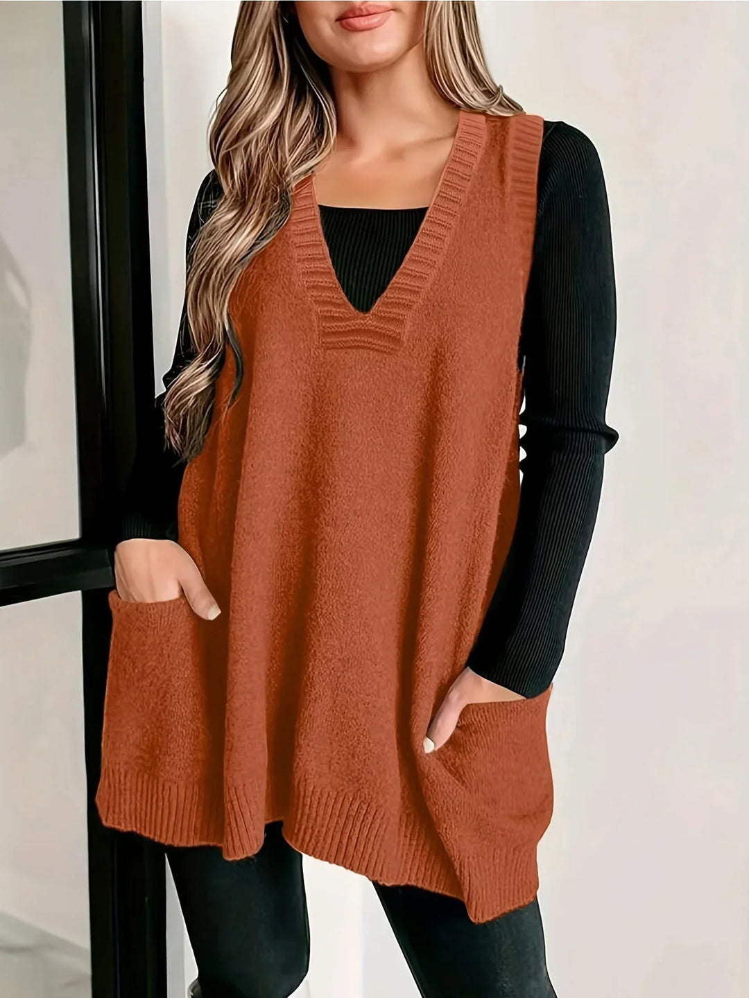 Women's Oversized Knit Vest – V-Neck Sleeveless Tunic Length And Patch Pockets
