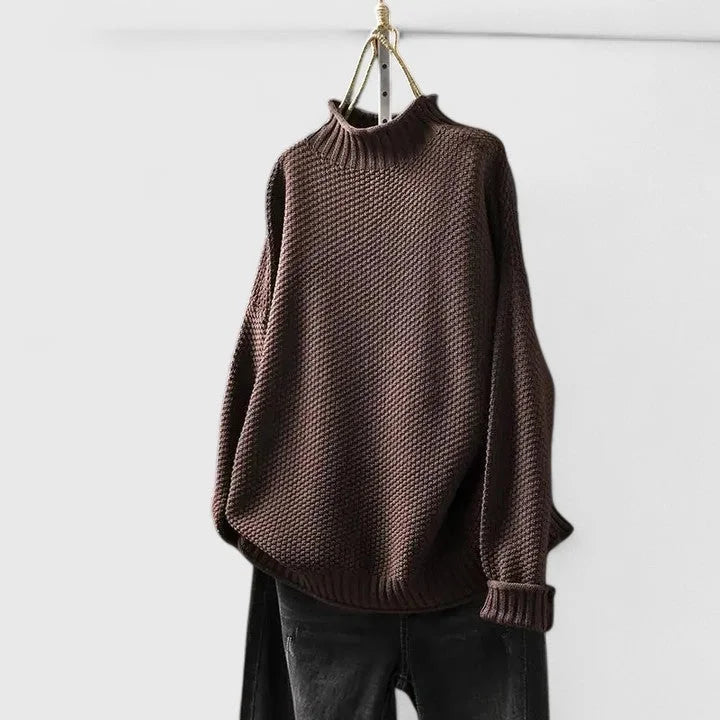 Women's Oversized Textured Knit Sweater – Mock-Neck Long Sleeves