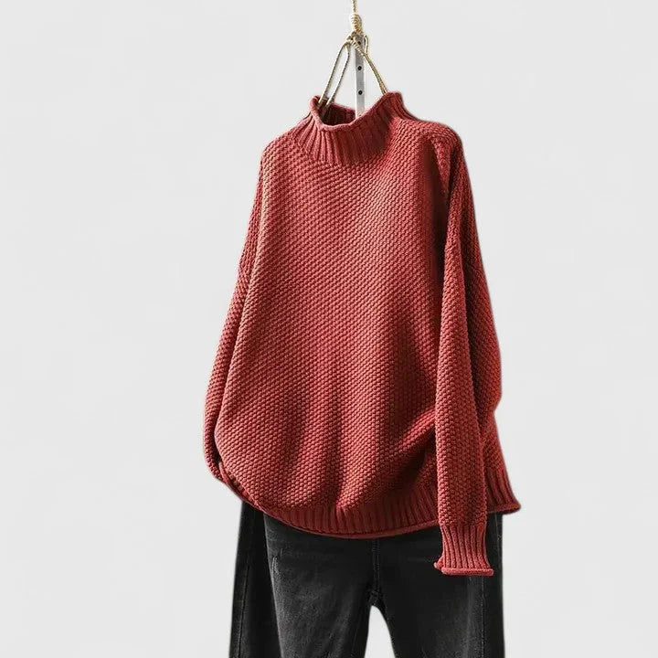 Women's Oversized Textured Knit Sweater – Mock-Neck Long Sleeves