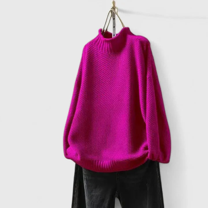 Women's Oversized Textured Knit Sweater – Mock-Neck Long Sleeves