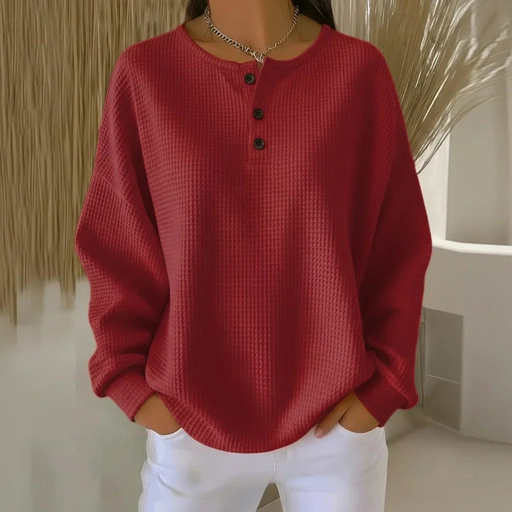 Women's Oversized Waffle Knit Sweater – Long-Sleeve Henley Design
