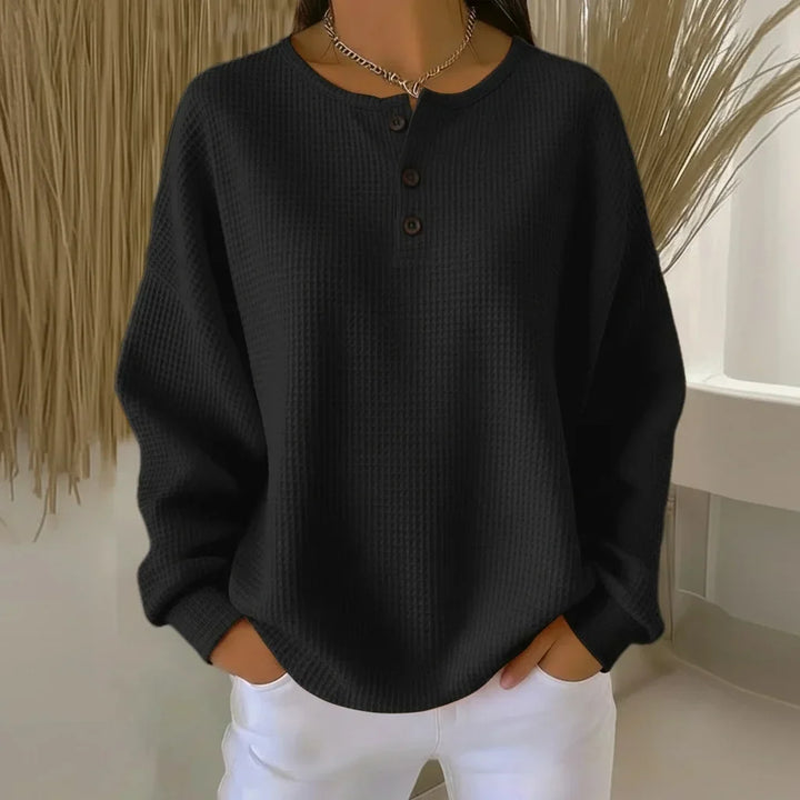 Women's Oversized Waffle Knit Sweater – Long-Sleeve Henley Design