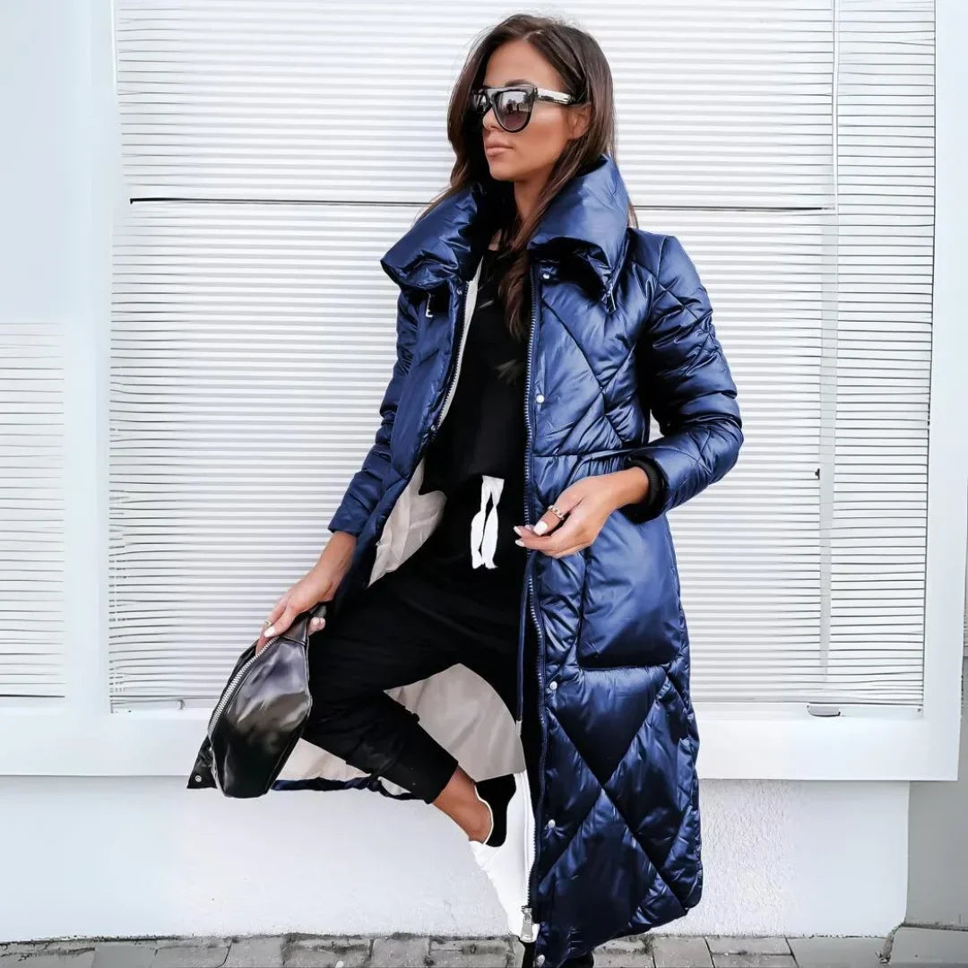 Women's Padded Long Puffer Coat – Quilted Design And Stand-Up Collar
