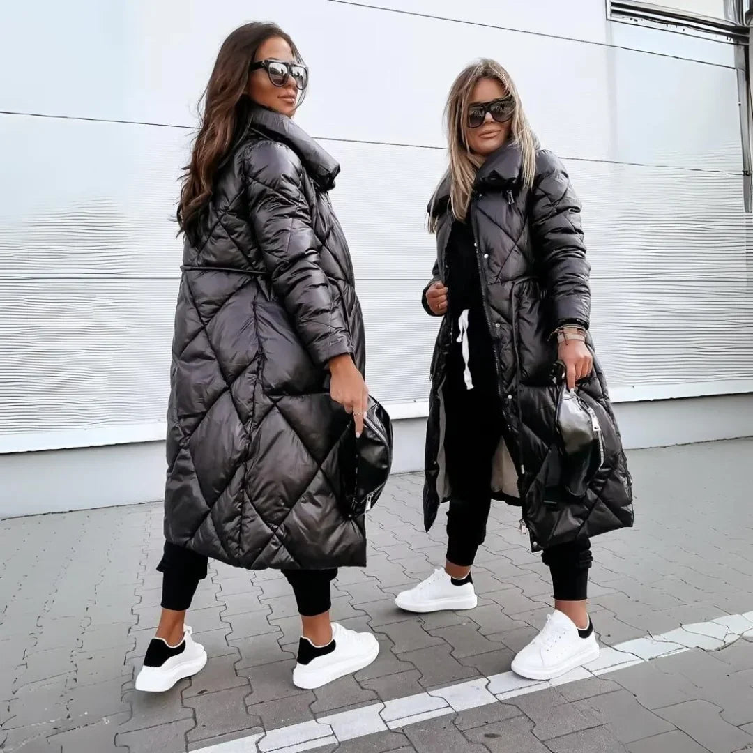 Women's Padded Long Puffer Coat – Quilted Design And Stand-Up Collar