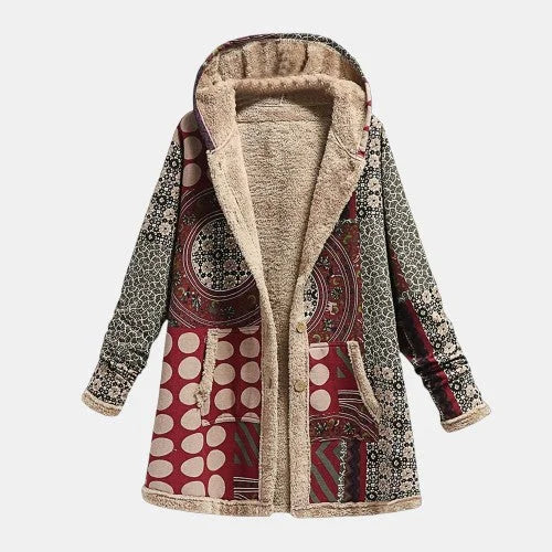 Women's Patchwork Hooded Fleece Coat – Button Closure