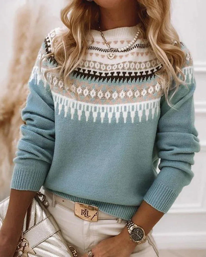 Women's Patterned Yoke Knit Sweater – Long-Sleeve Crew-Neck