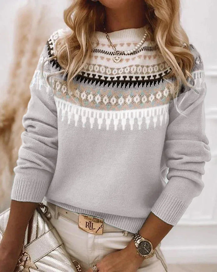 Women's Patterned Yoke Knit Sweater – Long-Sleeve Crew-Neck