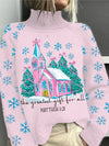 Women's Pink Christmas Graphic Knit Sweater – Turtleneck Long-Sleeve