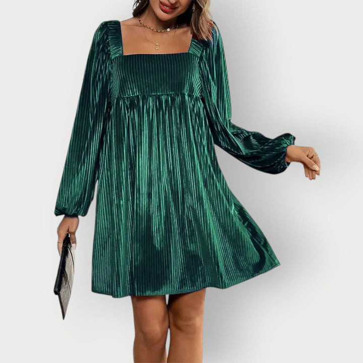 Women's Mini Dress – Pleated Velvet Square-Neck Bishop Sleeve