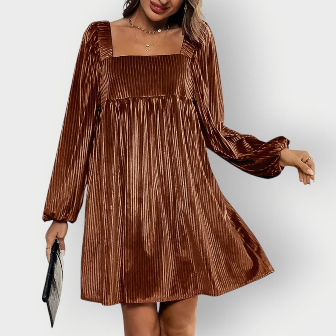 Women's Mini Dress – Pleated Velvet Square-Neck Bishop Sleeve