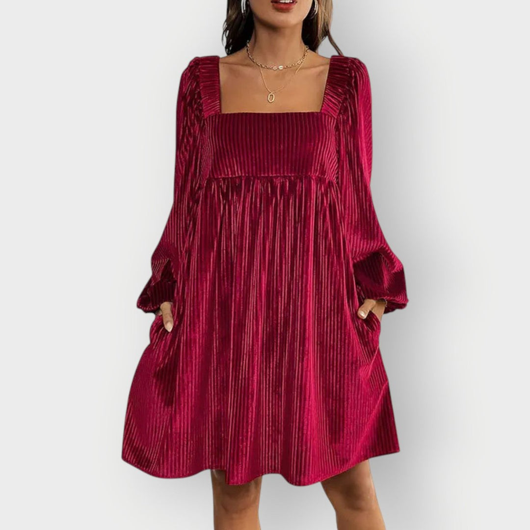 Women's Mini Dress – Pleated Velvet Square-Neck Bishop Sleeve