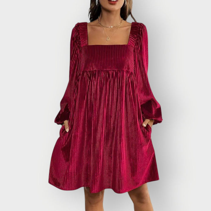Women's Mini Dress – Pleated Velvet Square-Neck Bishop Sleeve