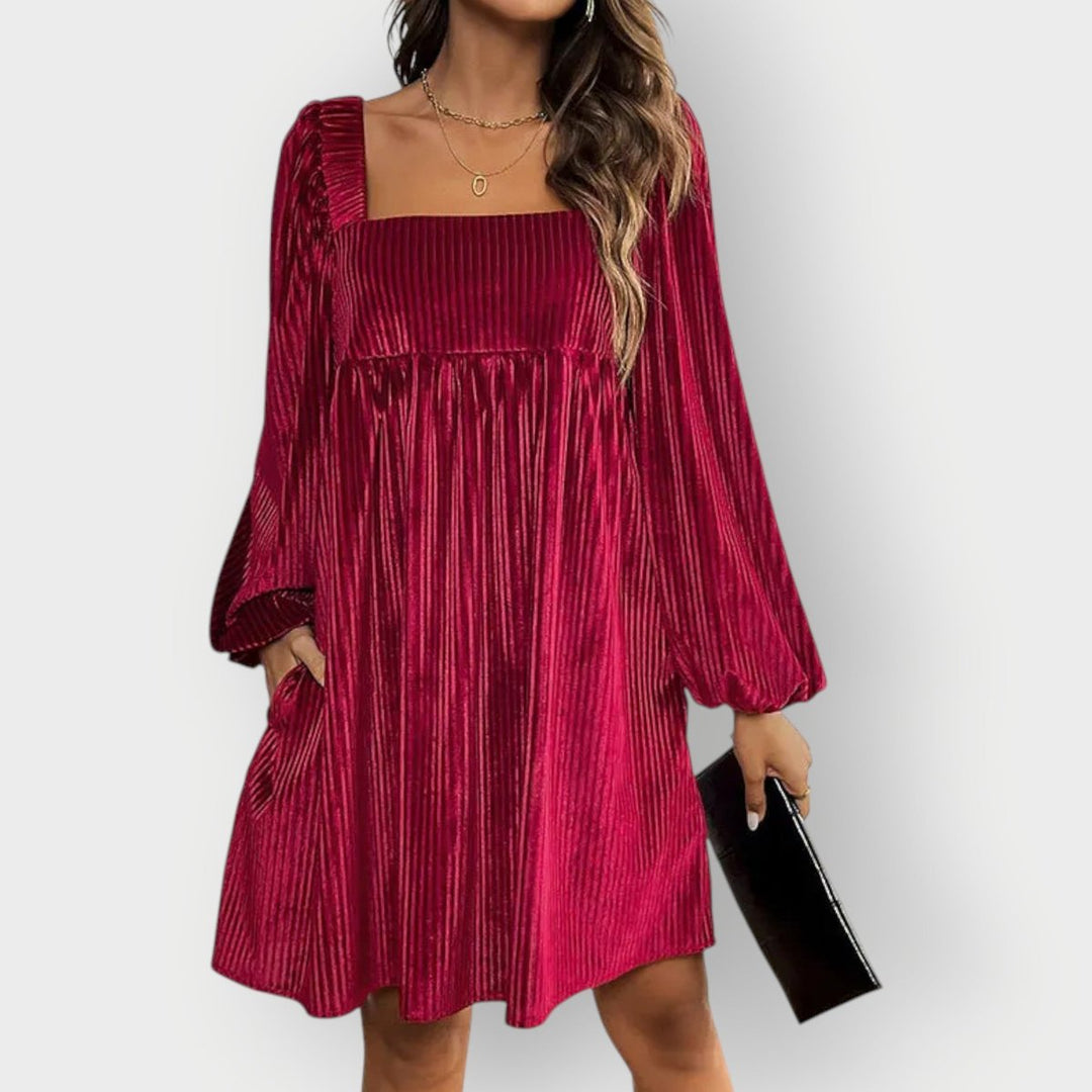 Women's Mini Dress – Pleated Velvet Square-Neck Bishop Sleeve