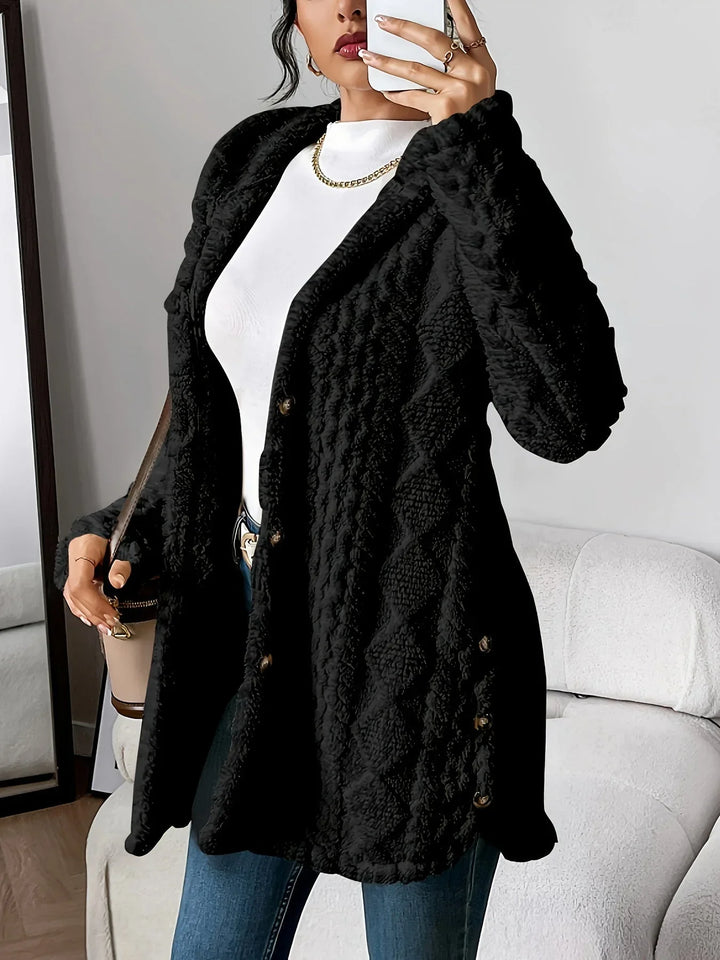 Women's Plush Hooded Longline Teddy Coat – Textured Knit And Buttons