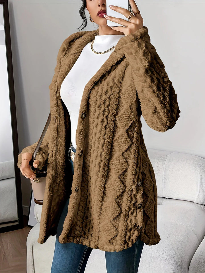 Women's Plush Hooded Longline Teddy Coat – Textured Knit And Buttons