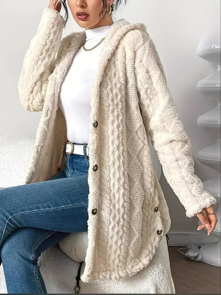 Women's Plush Hooded Longline Teddy Coat – Textured Knit And Buttons