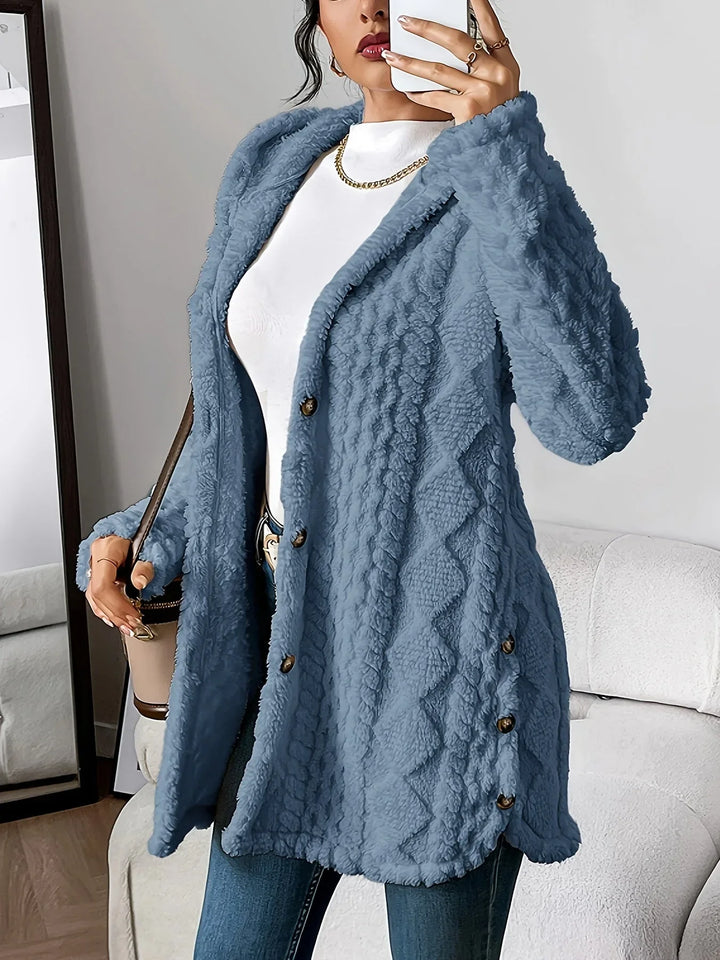 Women's Plush Hooded Longline Teddy Coat – Textured Knit And Buttons