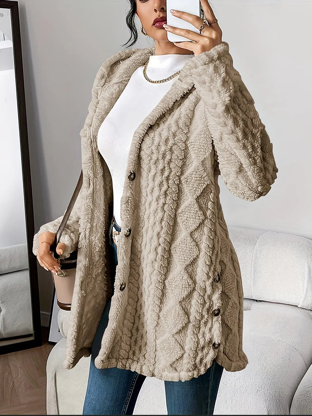 Women's Plush Hooded Longline Teddy Coat – Textured Knit And Buttons