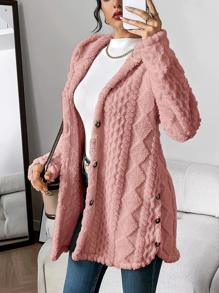Women's Plush Hooded Longline Teddy Coat – Textured Knit And Buttons