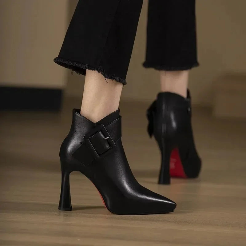 Women's Pointed-Toe High-Heel Ankle Boots – Buckle Strap