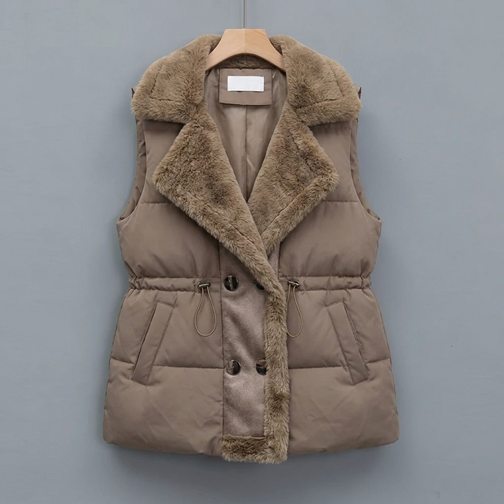 Women's Puffer Gilet – Padded Plush Collar & Cinched Waist