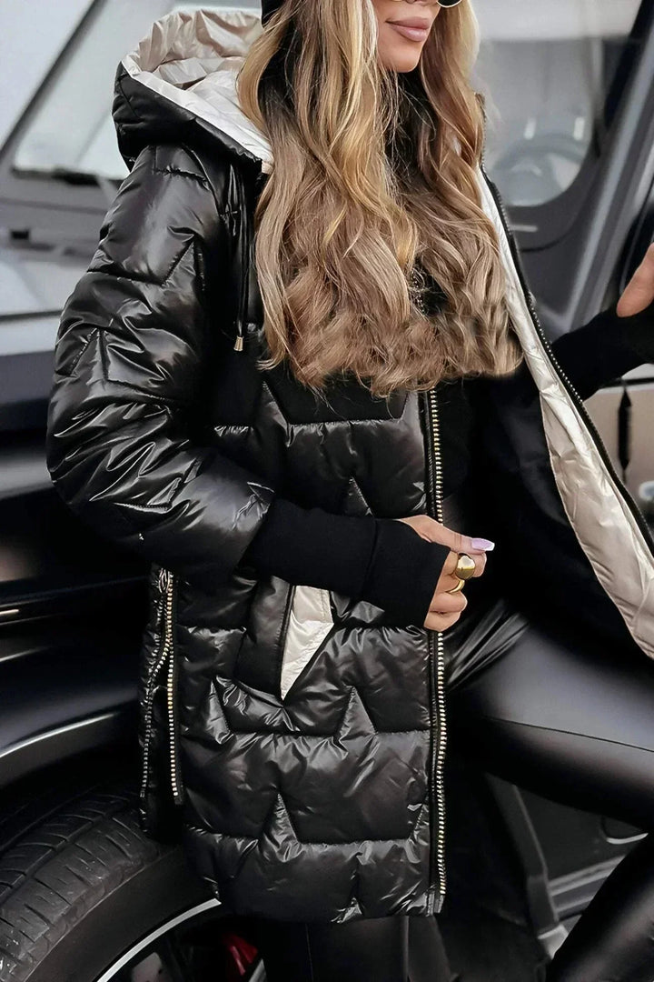 Women's Quilted Metallic Hooded Puffer Jacket – Full Zip Closure