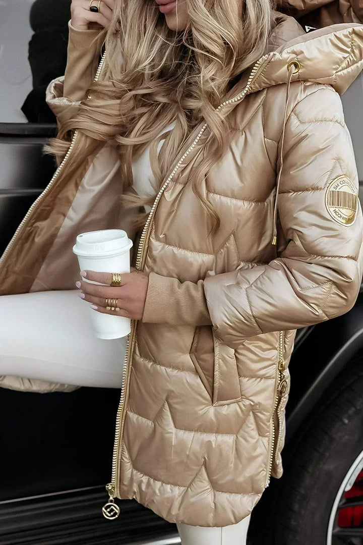 Women's Quilted Metallic Hooded Puffer Jacket – Full Zip Closure