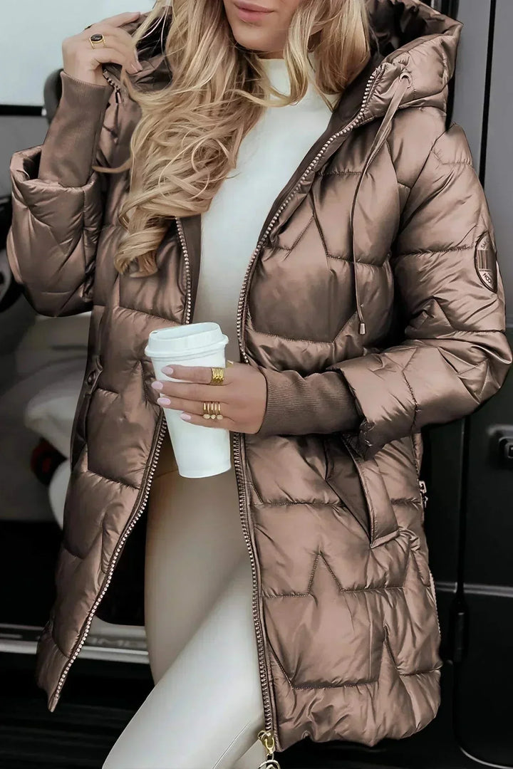 Women's Quilted Metallic Hooded Puffer Jacket – Full Zip Closure