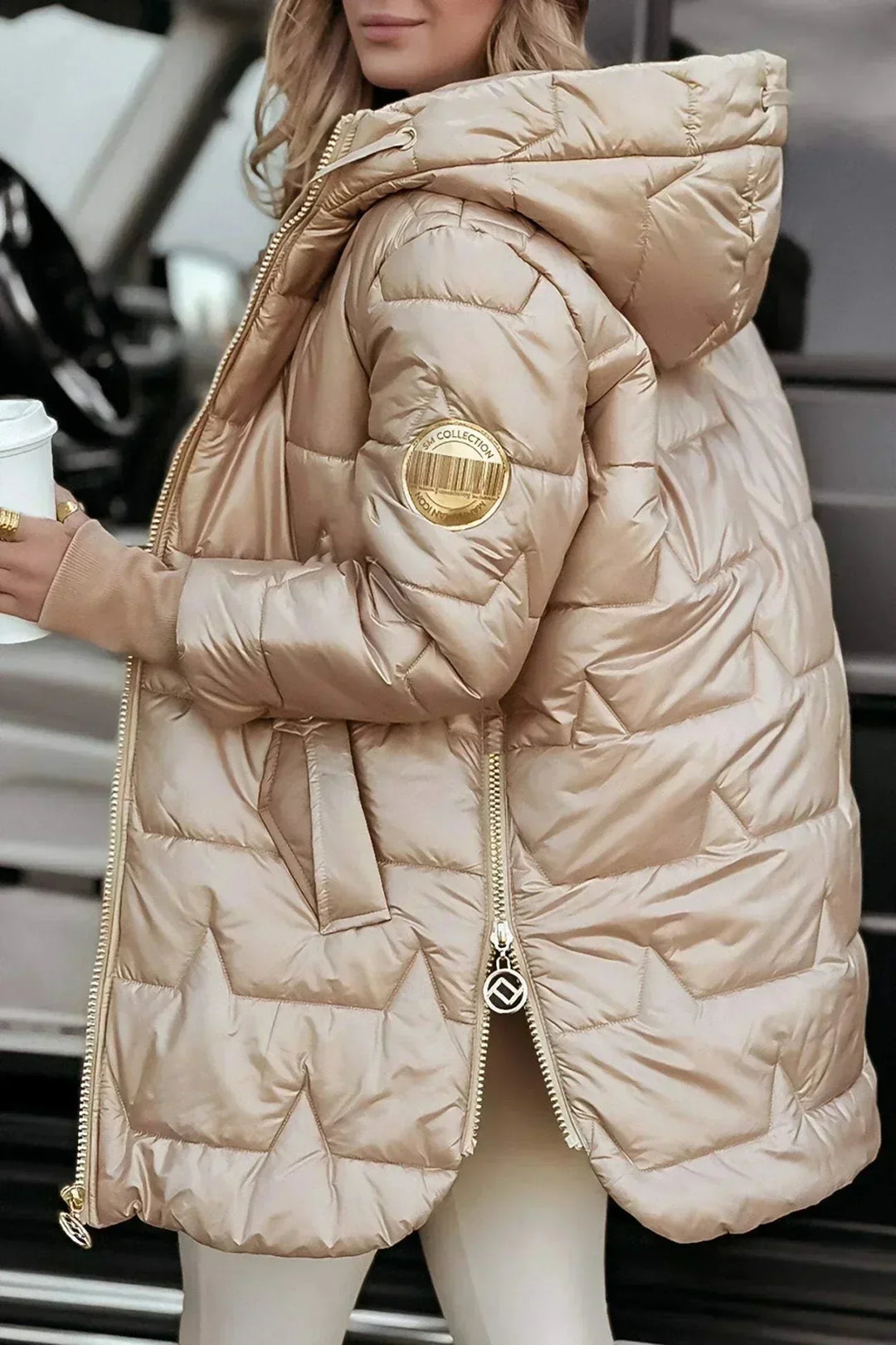 Women's Quilted Metallic Hooded Puffer Jacket – Full Zip Closure